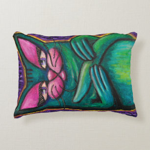 Girly Teal Cat in Oil Pastel on Purple Background Decorative Cushion