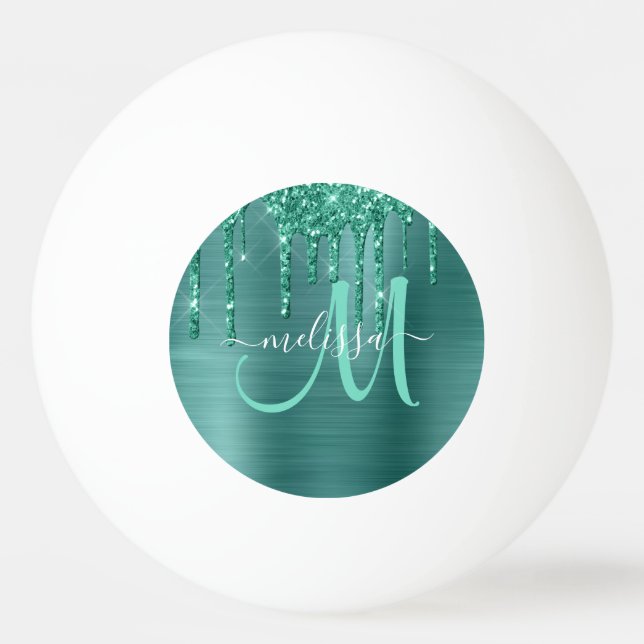 Girly Teal Dripping Glitter Brushed Metal Monogram Ping Pong Ball (Front)