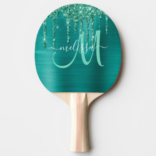 Girly Teal Dripping Glitter Brushed Metal Monogram Ping Pong Paddle
