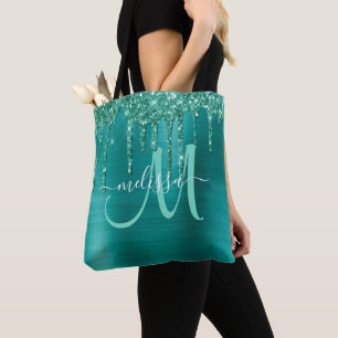 Girly Teal Dripping Glitter Brushed Metal Monogram Tote Bag