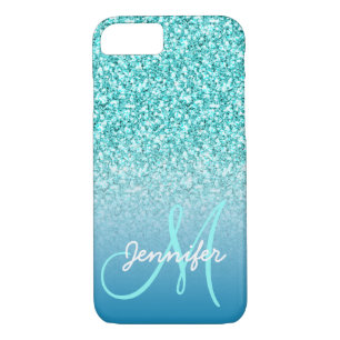 Girly Teal Faux Glitter Monogram Name Personalised iPhone 8/7 Case