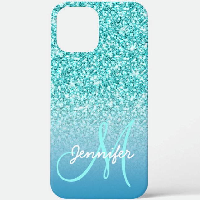 Girly Teal Faux Glitter Monogram Name Personalised Case-Mate iPhone Case (Creator Uploaded)