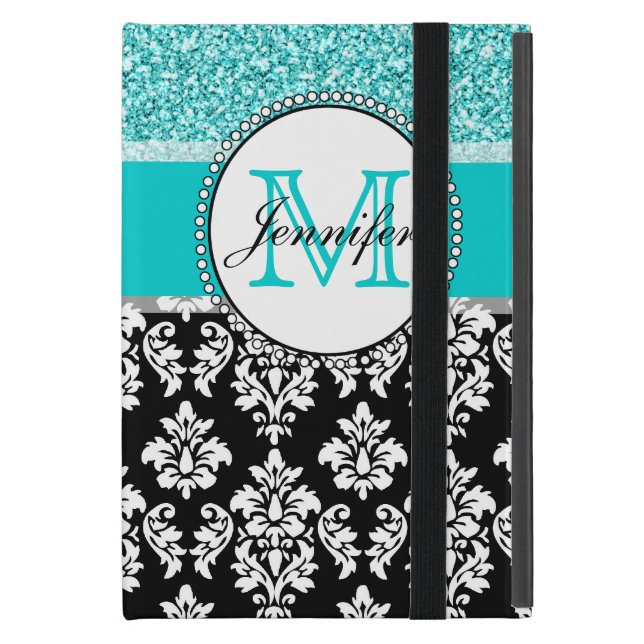 Girly, Teal, Glitter Black Damask Personalised Case For iPad Mini (Front Closed)