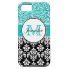 Girly, Teal, Glitter Black Damask Personalised
