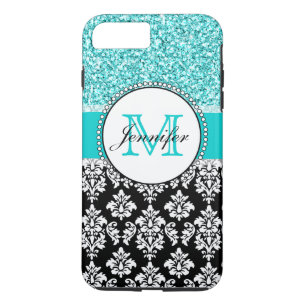 Girly, Teal, Glitter Black Damask Personalised iPhone 8 Plus/7 Plus Case
