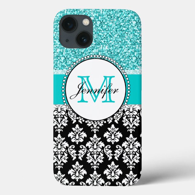 Girly, Teal, Glitter Black Damask Personalised Case-Mate iPhone Case (Back)