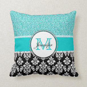 Girly, Teal, Glitter Black Damask Personalised Cushion