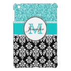 Girly, Teal, Glitter Black Damask Personalised