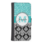 Girly, Teal, Glitter Black Damask Personalised