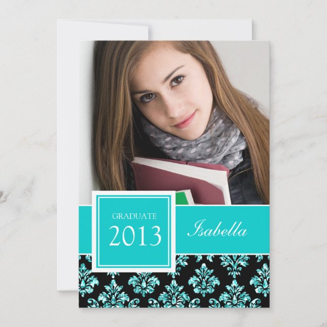 GIRLY TEAL GLITTER DAMASK GRAD PHOTO INVITATION (Front)