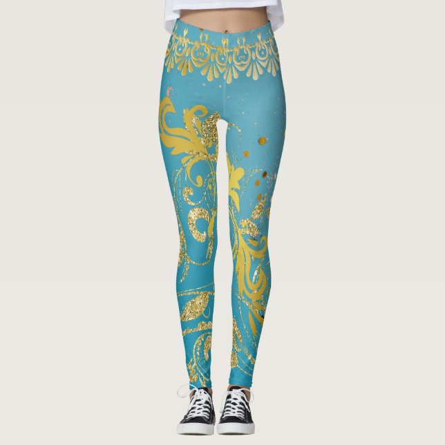 Girly Teal Glitter Gold Ombre Blue Leggings (Front)