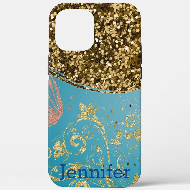 Girly Teal Glitter Gold Ombre Monogram Name  Case-Mate iPhone Case (Back)