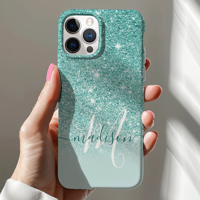 Girly Teal Glitter Monogram Name iPhone Case (Creator Uploaded)