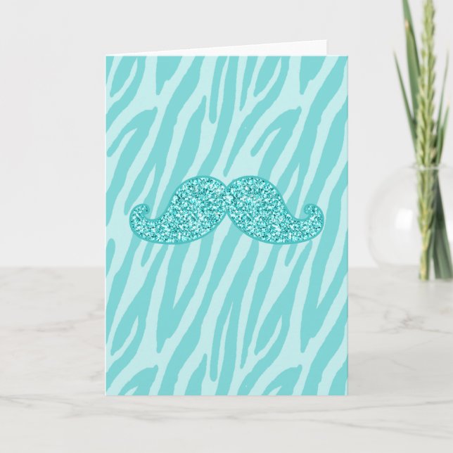 GIRLY TEAL GLITTER MUSTACHE ZEBRA STRIPES CARD (Front)