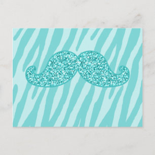 GIRLY TEAL GLITTER MUSTACHE ZEBRA STRIPES POSTCARD