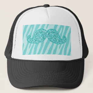 GIRLY TEAL GLITTER MUSTACHE ZEBRA STRIPES TRUCKER HAT