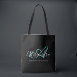 Girly Teal Green Chic Black Script Name Monogram Tote Bag<br><div class="desc">Personalise your beautiful monogrammed trendy black Grocery Tote Bag! The text below may be personalised to your preferred sentence or even your full name; you can also delete it if you prefer. If you need help, please let us know at belytaliarecipes@gmail.com, and we will be glad to assist you. ©...</div>
