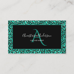 Girly Teal Green Leopard Spots Chic Black Monogram Business Card