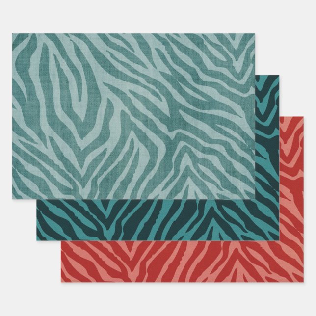 Girly Teal Green Red Zebra Print Wrapping Paper Sheet (Set)