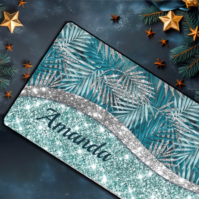 Girly teal green silver glitter leaves monogram desk mat (Creator Uploaded)