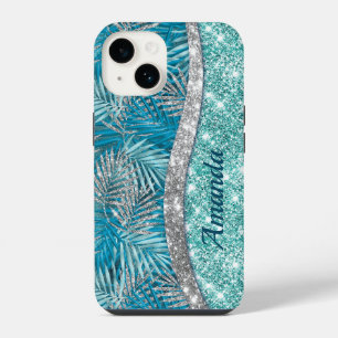 Girly teal green silver glitter leaves monogram iPhone 14 case