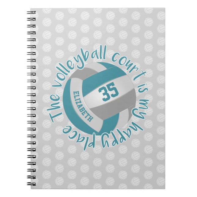 girly teal grey volleyball court my happy place  notebook (Front)