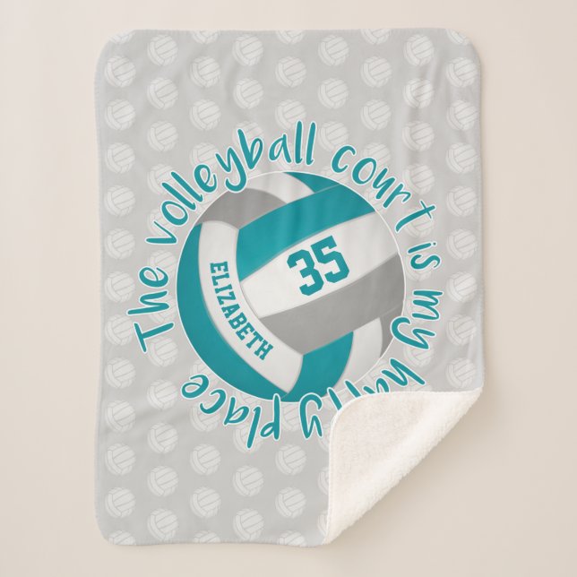 girly teal grey volleyball court my happy place sherpa blanket (Front)