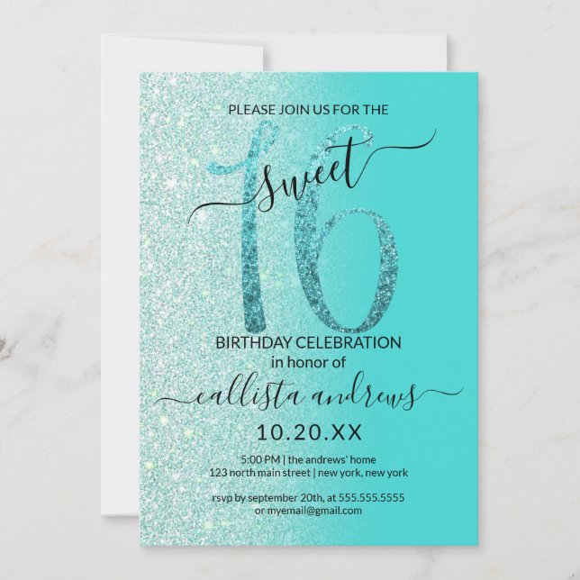Girly Teal Mint Green Glitter Ombre Sweet 16 Invitation (Front)
