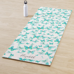 Girly Teal Pastel Butterflies Custom Name Yoga Mat