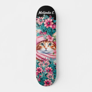 Girly Teal & Pink Flowers Christmas Kitten Skateboard