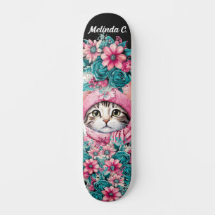 Girly Teal & Pink Flowers Christmas Kitten Skateboard
