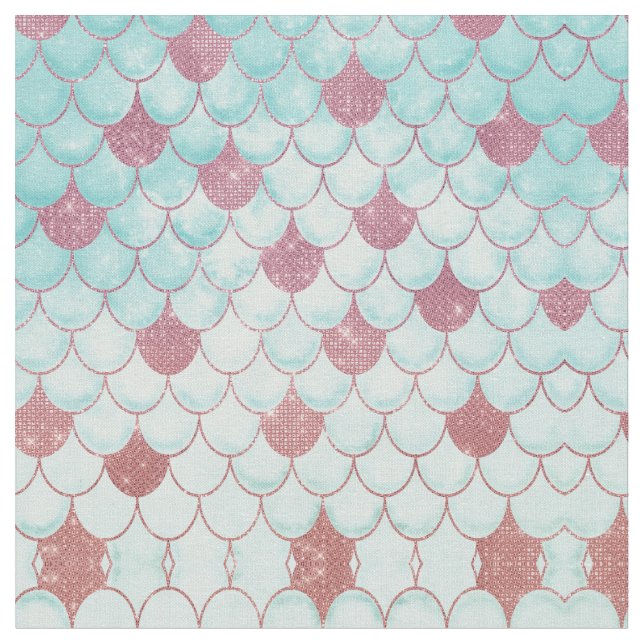Girly Teal Pink Glitter Watercolor Mermaid Scales Fabric (Close Up)