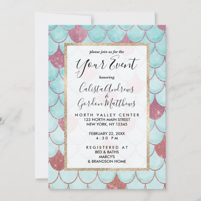 Girly Teal Pink Glitter Watercolor Mermaid Scales Invitation (Front)