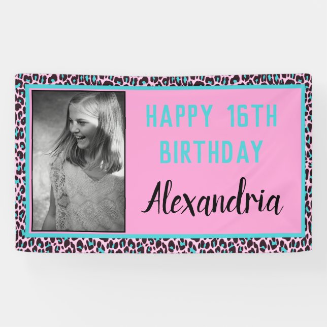 Girly Teal/Pink Leopard Print Sweet 16 Birthday Banner (Horizontal)