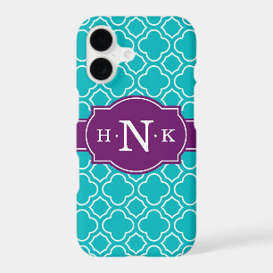 Girly Teal Quatrefoil Pattern Purple Monogram