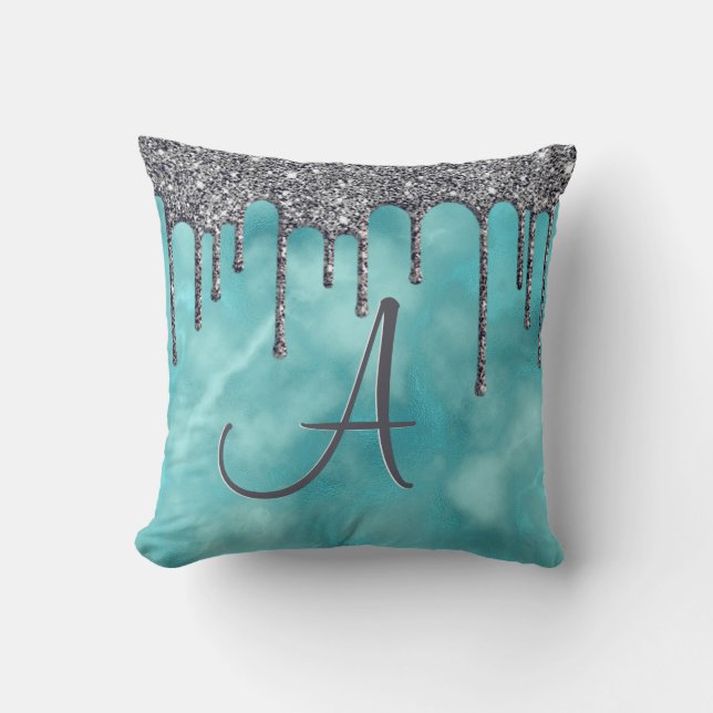 Girly Teal Silver Sparkle Glitter Drip Monogram Cushion (Front)