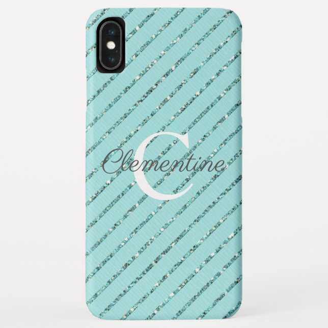 Girly Teal Turqoise Glitter Stripes Monogram Case-Mate iPhone Case (Back)