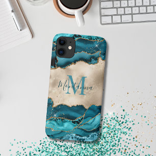 Girly Teal Turquoise & Gold Agate Stone Monogram iPhone 11 Case