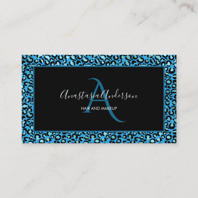 Girly Teal Turquoise Leopard Spots Black Monogram Business Card (Front)