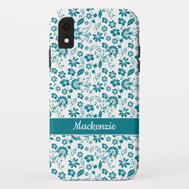 Girly Teal Turquoise Tropical Floral Pattern Case-Mate iPhone Case (Back)