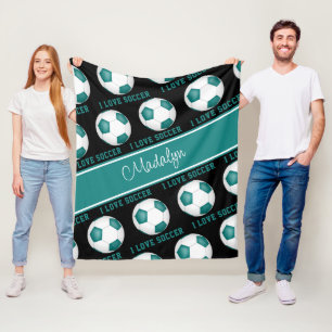girly teal white I love soccer text pattern Fleece Blanket