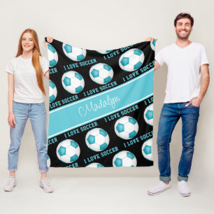 girly teal white I love soccer text pattern Fleece Blanket