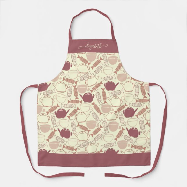 Girly Teapot Tea Cup Candy Pattern Script Name Apron (Front)
