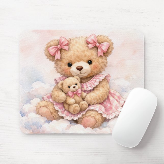 Girly Teddy Bear Sitting on a Cloud Mouse Mat (With Mouse)