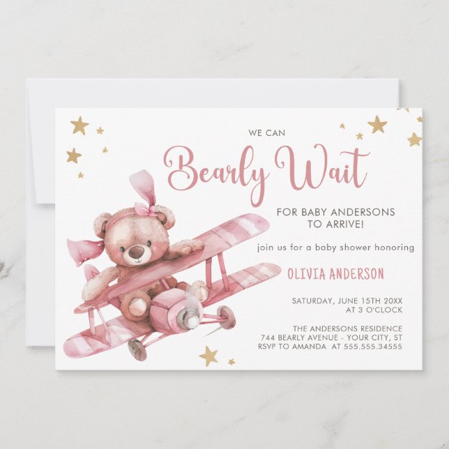 Girly Teddy Bear We Can Bearly Wait Baby Shower Invitation (Front)