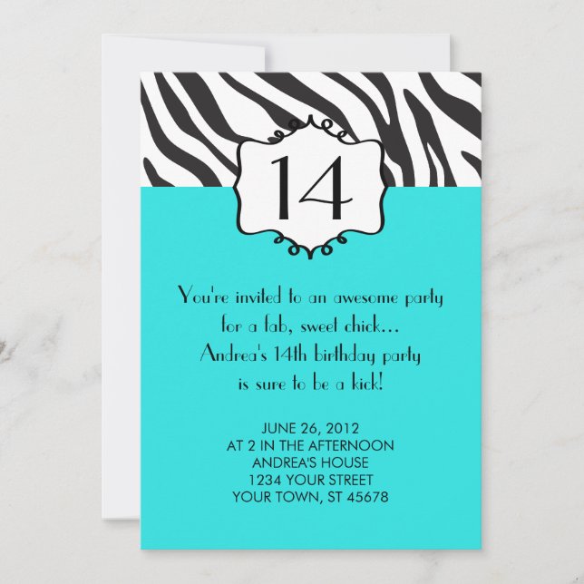 Girly Teenager Zebra Birthday Invitation (Front)
