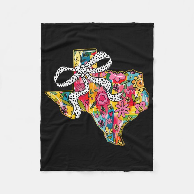 Girly Texas State Map Floral Coquette Bow 4th Of J Fleece Blanket (Front)