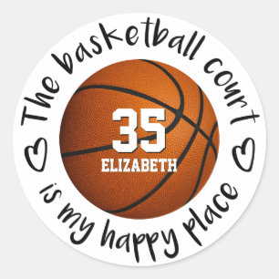 girly the basketball court is my happy place classic round sticker