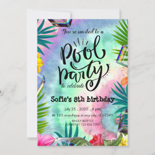 Girly Tie Dye Pool Party Birthday  Invitation