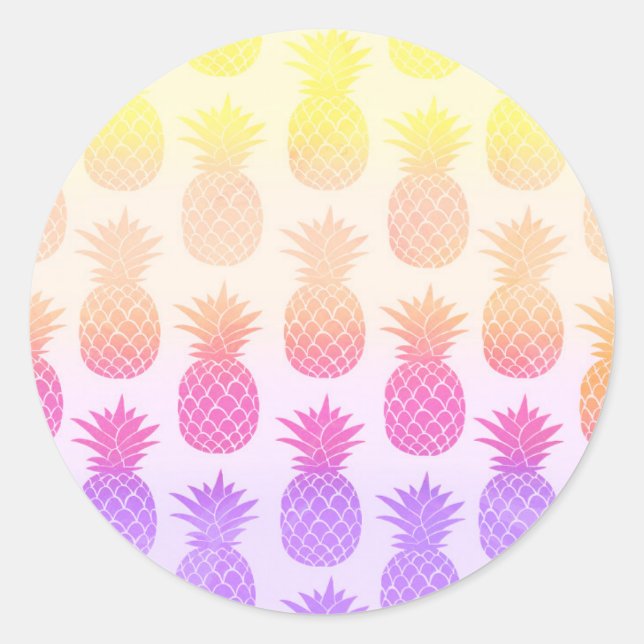 Girly Topical Rainbow Summer Pineapples Pattern Classic Round Sticker (Front)